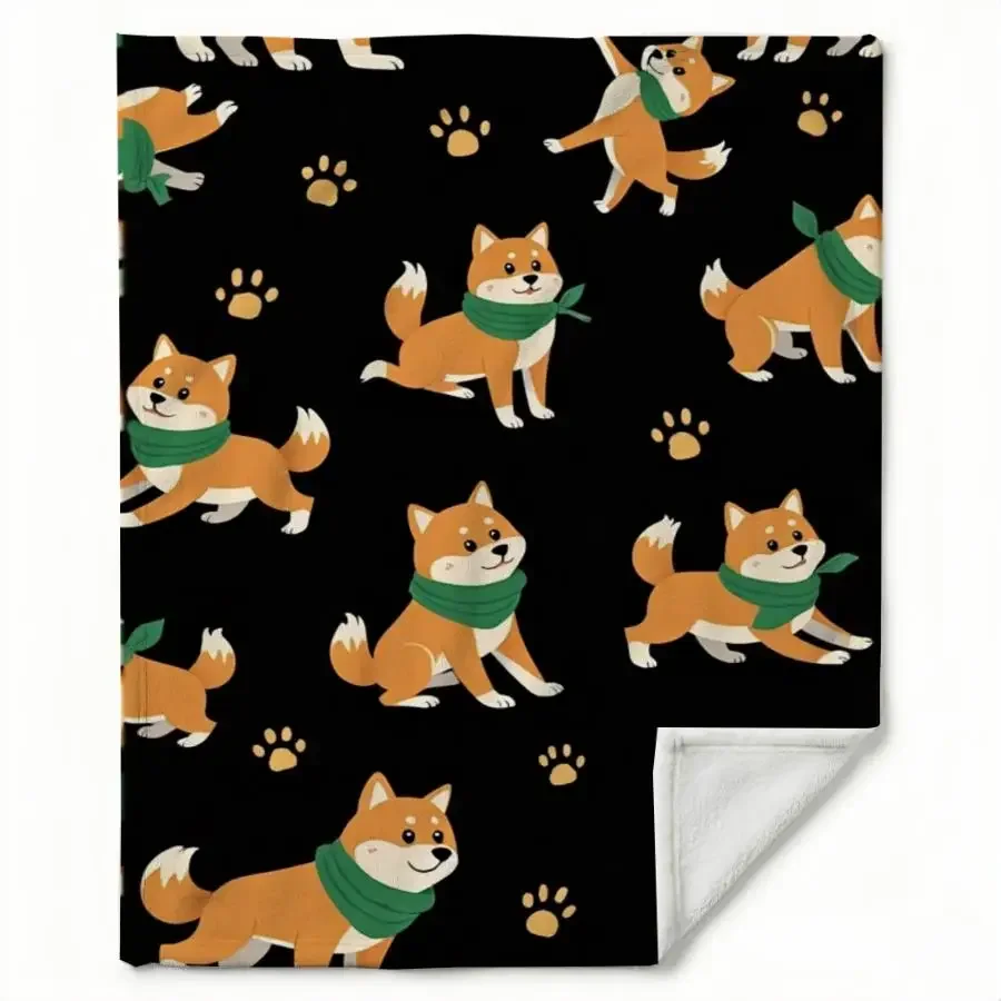 Cozy Shiba Inu Weighted Throw Blanket Suitable for - Use - Soft Flannel Bedspread with Green Scarf Shiba Dogs on Black