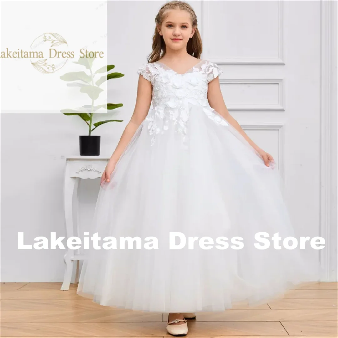 Customization Flower Girl Dresses White Tulle Puffy Appliques Sleeveless For Wedding Birthday Party Banquet First Communion Gown