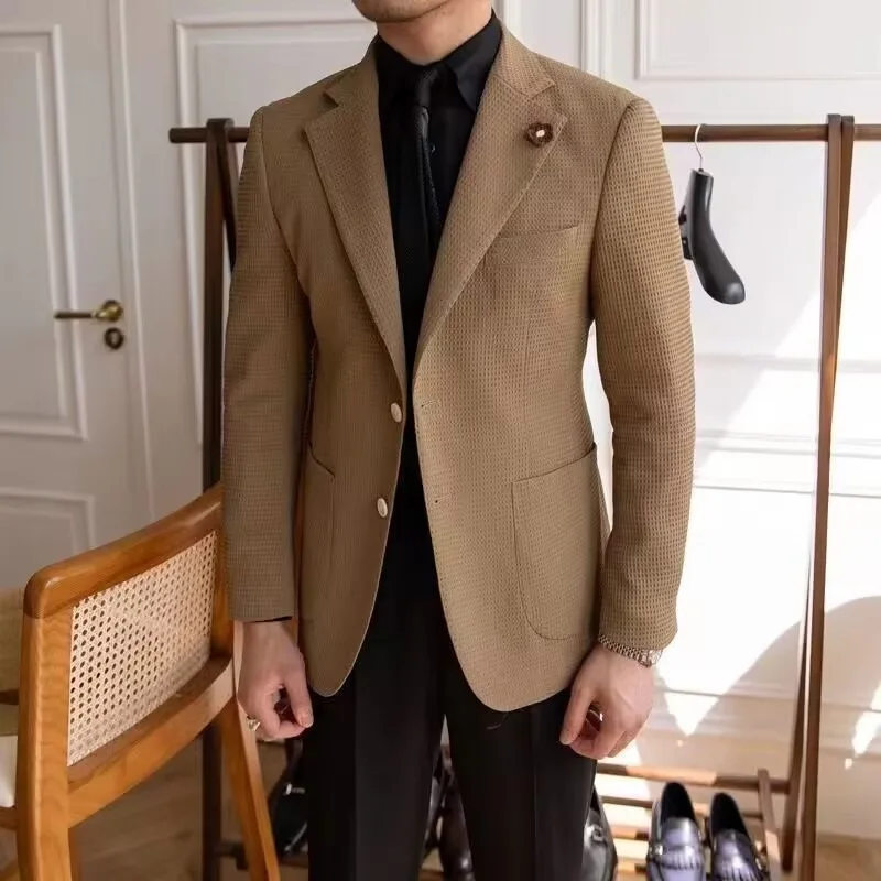 High-Quality Fashion Men's Waffle Pattern Suit Set 2026 New Spring Autumn Business Casual Men's Blazer Jacket