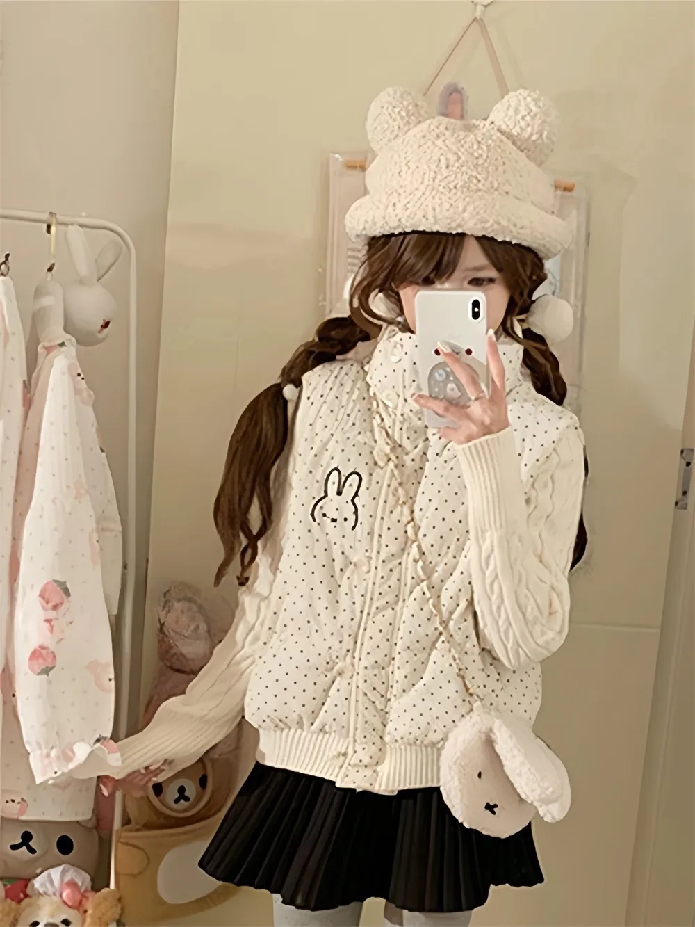 Trendy Japanese Sweet Small Size  Rabbit Polka Dot Knitted Patchwork Long Sleeve Cotton Jacket Women Autumn Winter Cotto...