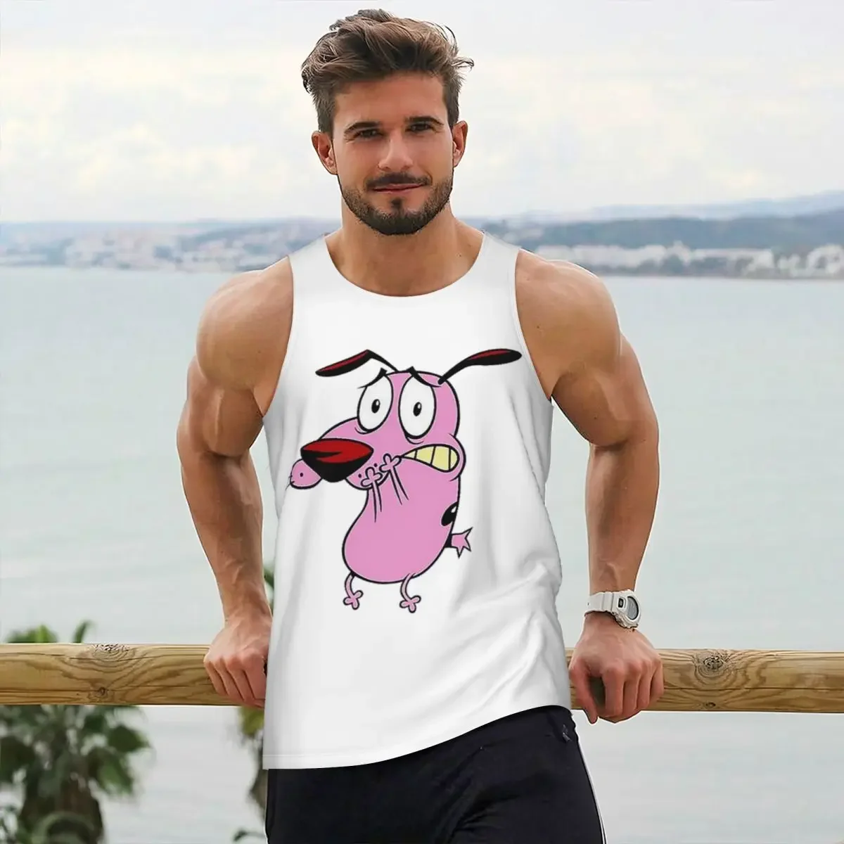 Cute Courageous Cowardlys Dog Gym Tank Bodybuilding Vest Fitness Sleeveless Tops Quick Dry Men Workout Sports Clothing