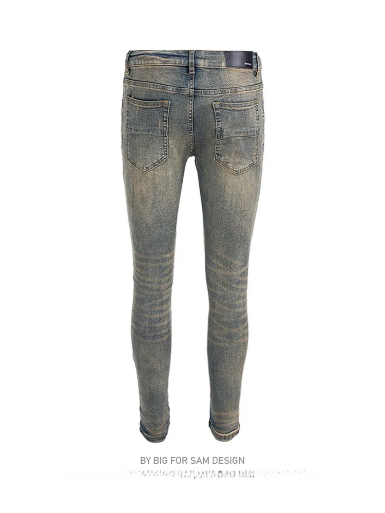 Big for Sam Men's Slim Fit Jeans Basic Style Dirtied Yellow Clay Vintage High Street Trendy Cotton Elastic mid Waist Zipper