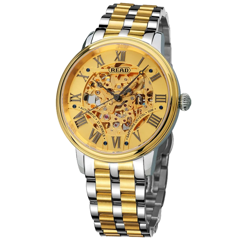 READ Men Automatic Watch | Two‑Tone Metal Bracelet | Hollow‑Out Roman Dial | Sapphire Crystal | 50M Daily Water Resistant