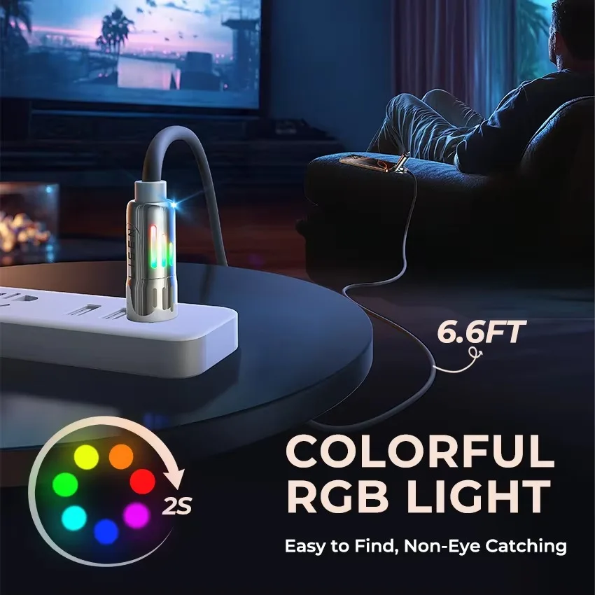 1 قطعة LISEN 240 واط السمين USB C كابل شحن سريع 4 في 1 كابل بيانات 6.6FT سبائك الزنك مع ضوء التنفس للهاتف/ماك بوك/آي باد