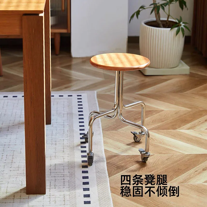 Creative Stainless Steel Solid Wood Caster Stools Removable Low Stools Bar Counter Small Round Stools Bar Chairs With Brakes