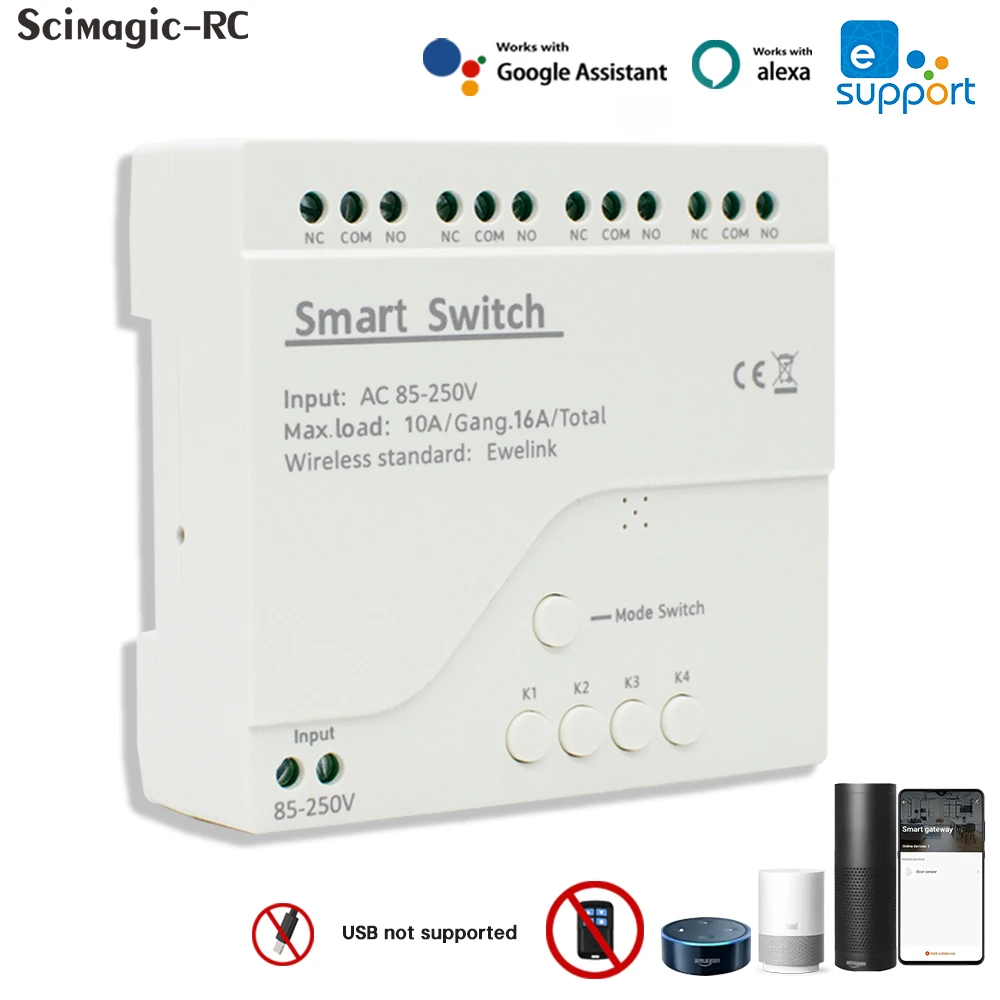

eWelink 4 CH WiFi Smart Switch AC85-250V DC 7-32V 10A WiFi+BLE Dual-Mode Circuit Breaker APP/Voice Control Works Alexa Google