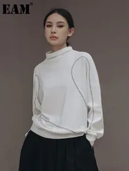 [EAM] Loose Fit White Topstitched Sweatshirt New Turtleneck Long Sleeve Women Big Size Fashion Tide Spring Autumn 2024 1DF1290