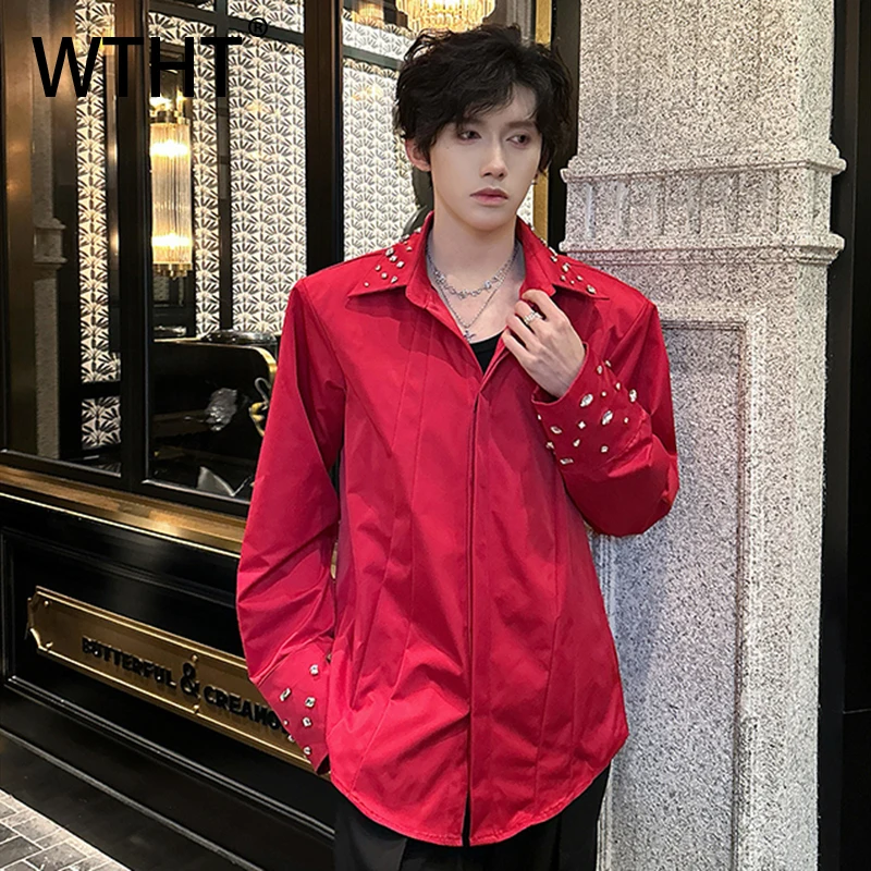 

WTHT Trendy Men's Solid Color Spliced Diamond Design Shirts Fashion 2025 Summer Long Sleeves Single-breasted Tops Male 2A1250