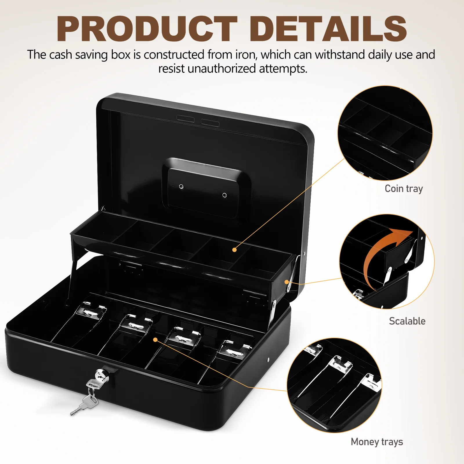 تسجيل المدفوعات النقدية درج المال المنظم سعة كبيرة مفتاح الحديد الأعمال الصغيرة درج النقدية المحمولة