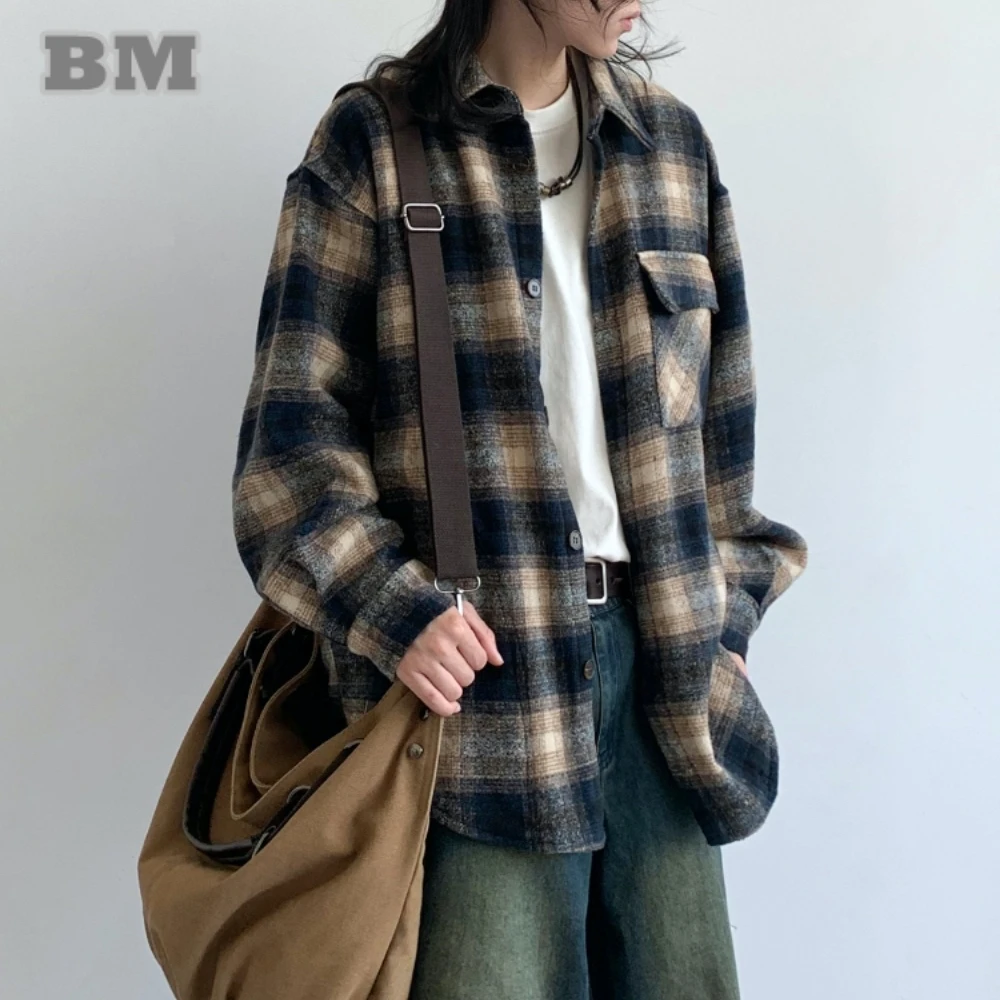 Japanese Vintage Plaid Shirt For Men Women Streetwear Couple Long Sleeve Harajuku Casual Coat Spring Autumn Fashion Tops Unisex