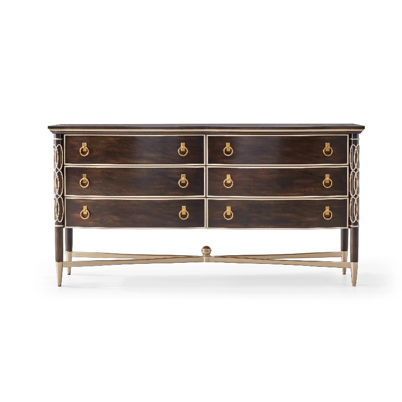 

American Light Luxury Modern Six Drawer Dresser Dark Solid Wood Gold Inlaid Bedroom and Hotel Storage