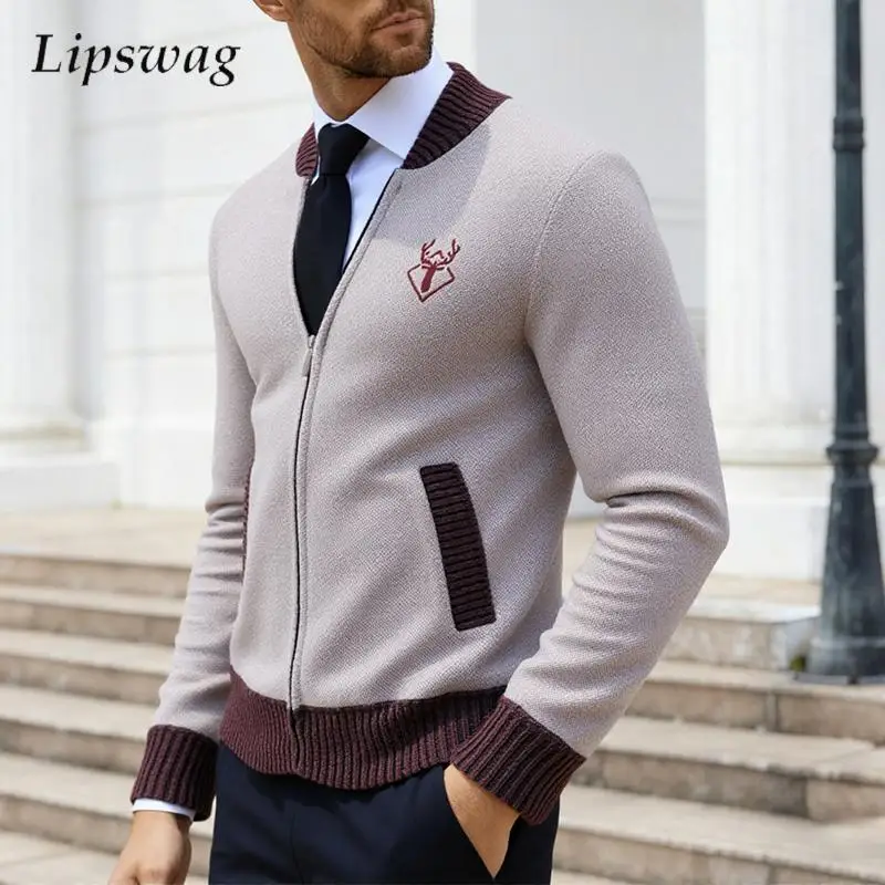 

Trendy Slim Zipper Knitted Cardigan Men Autumn Winter Outdoor Casual Warm Thick Sweater Jackets Mens Stylish Embroidery Jacket