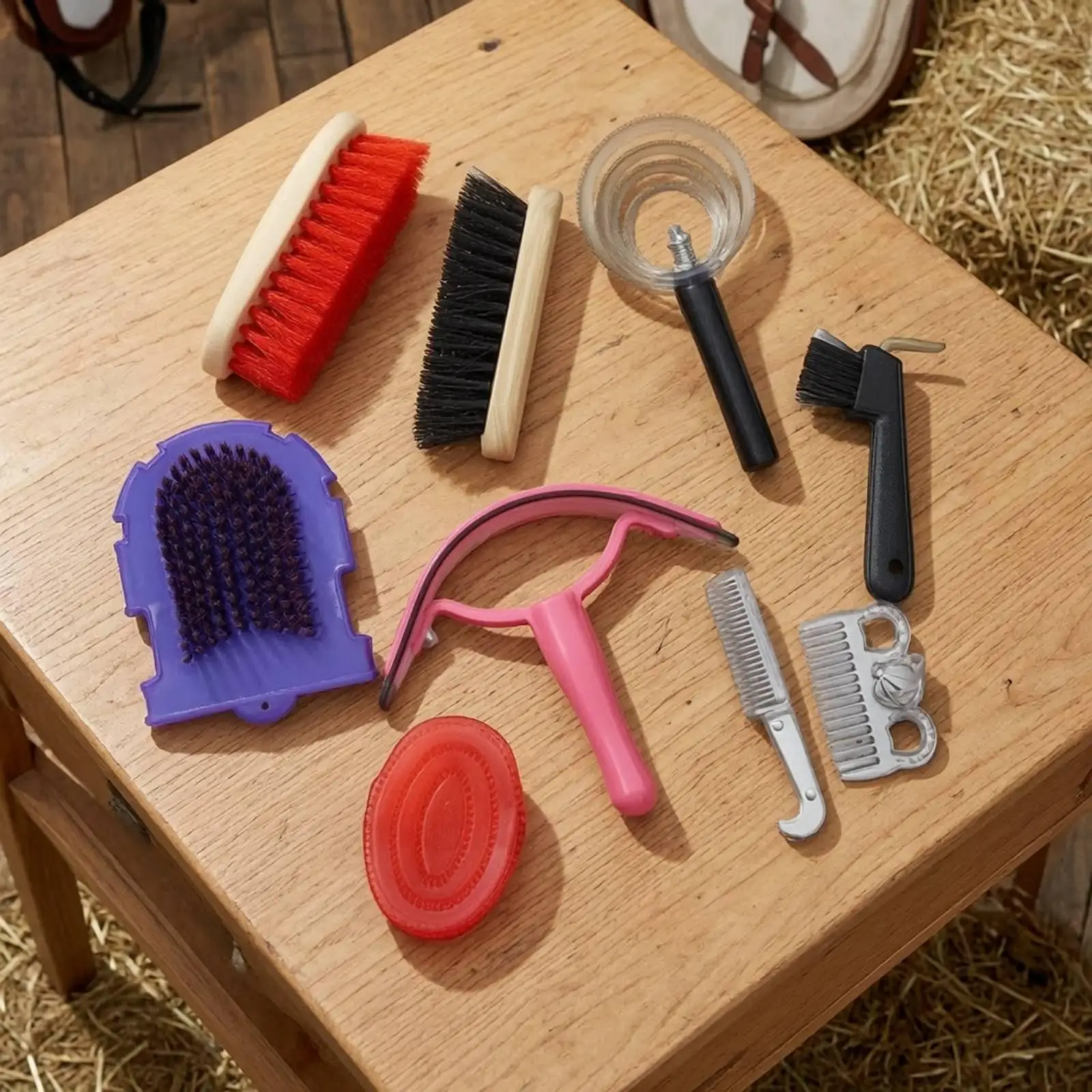 Horse Brushes Set with Rubber Curry Comb and Hoof Pick for Grooming Equipment Horse Care Kit