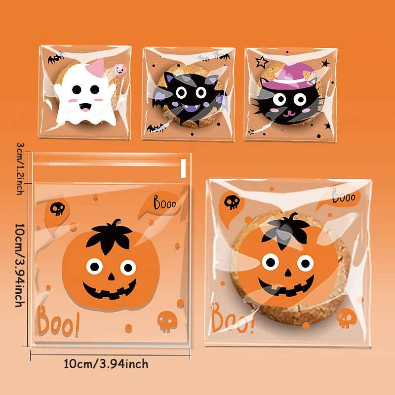 100pcs Cookie Bags Plastic Translucent Pumpkin Bat Halloween Party Favors Self-adhesive Candy Bag Gift Baking Packaging Bag