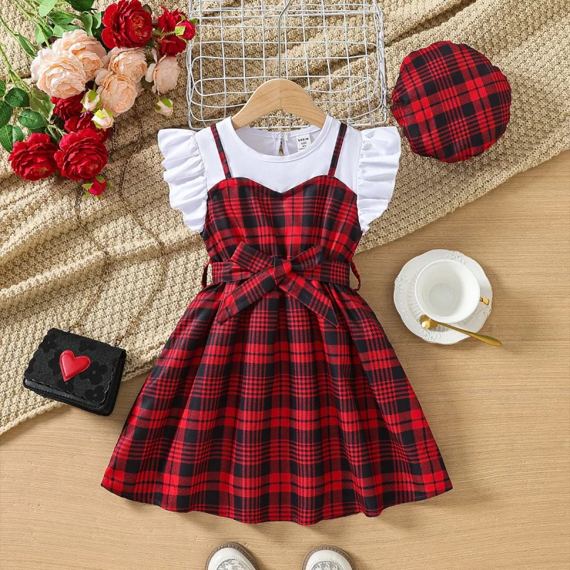 

Hot-selling girls' dress with small flutter sleeves, round neck, and plaid patchwork, exclusively available