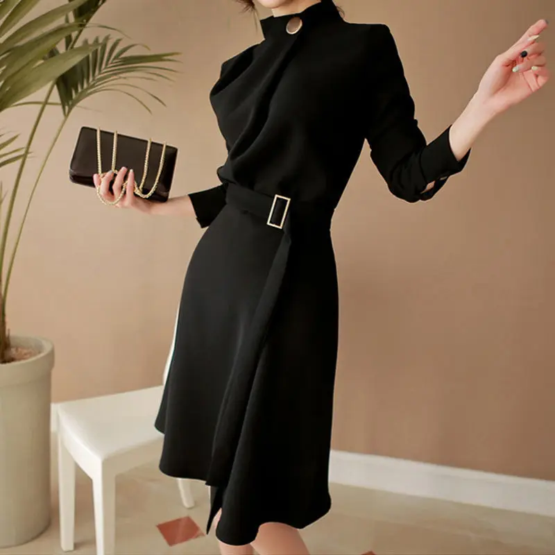 Women's Autumn Winter Fashion Solid Color Standing Collar Tie Up Korean Version Versatile Long Sleeved Slim Fit Mid Length Dress