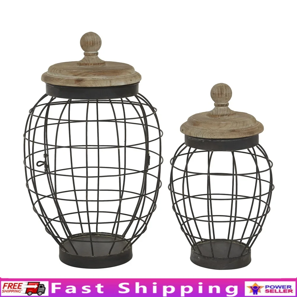 

Black Metal Decorative Jars Set of 2 with Wooden Lids Farmhouse Style Storage Containers Living Room Centerpiece