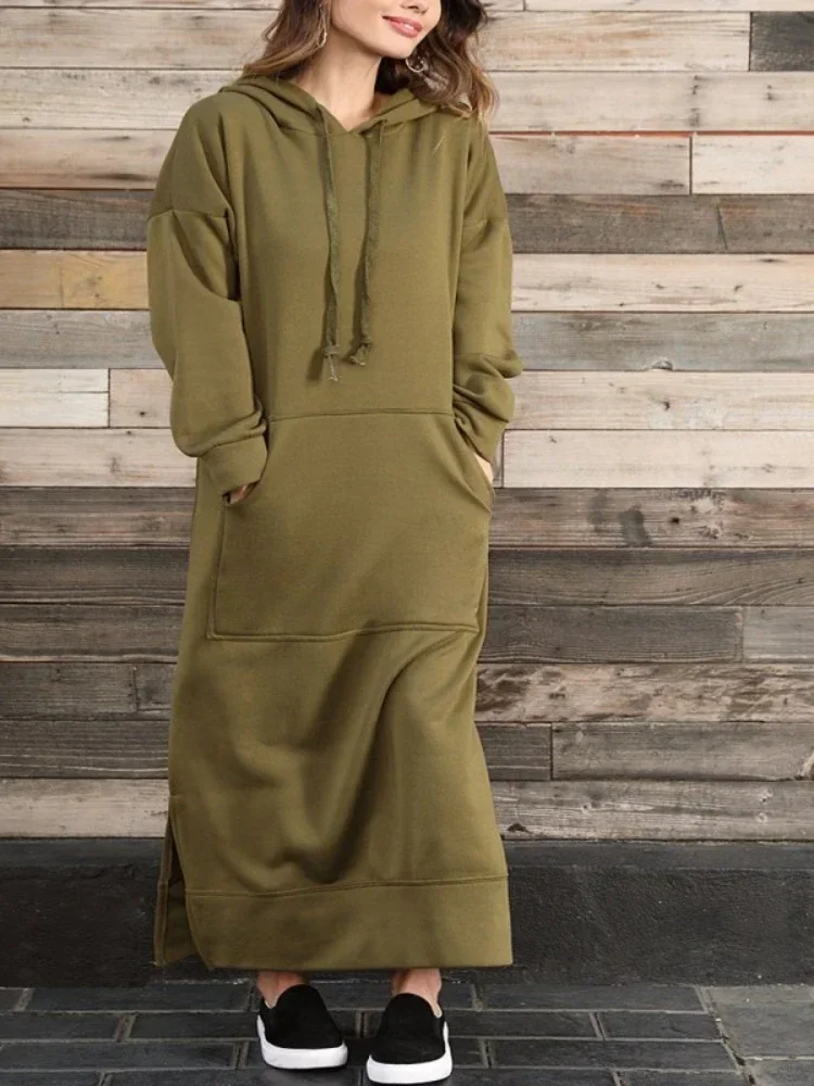 2024 Autumn/Winter Elegant Women\'s Commuting Style Fashion Hoodie Long Hoodie Thickened Warm Pocket Long Skirt