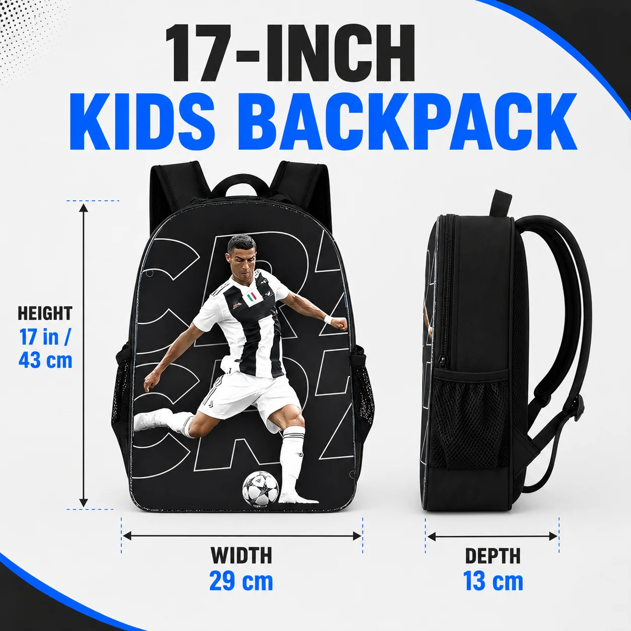 Kids Backpack, Footballstar Themed, Black, 17inch, for Boys