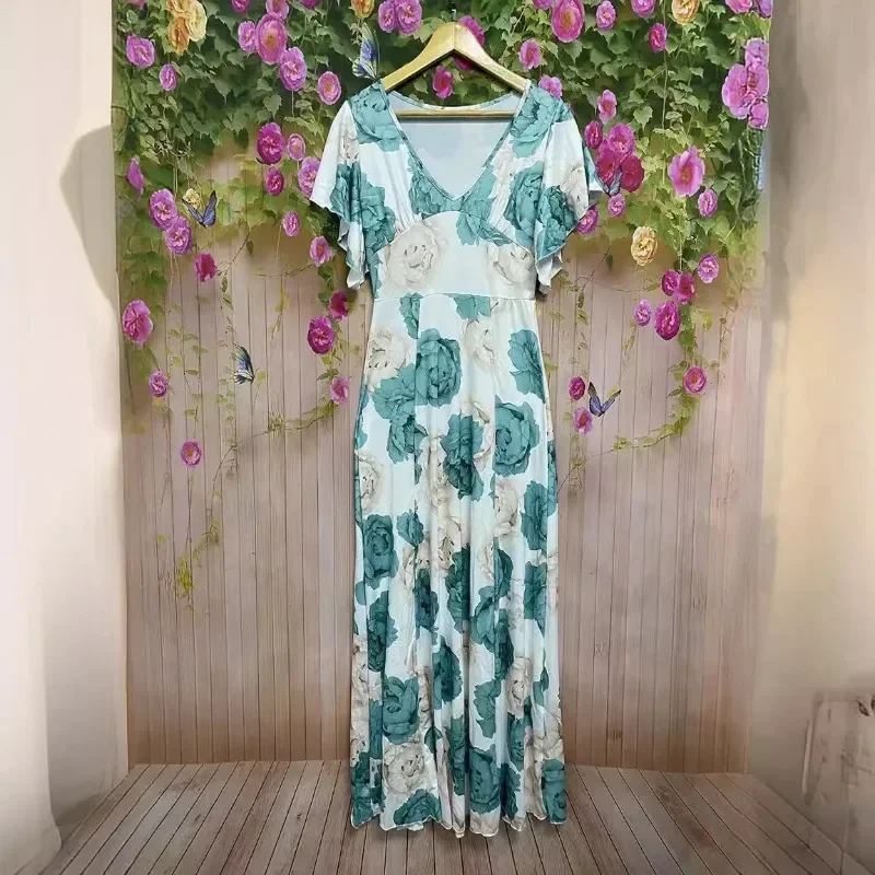 Women's XL-5XL Plus Size Hot selling V-neck elegant and casual printed long dress with large hem for women's clothing Women's