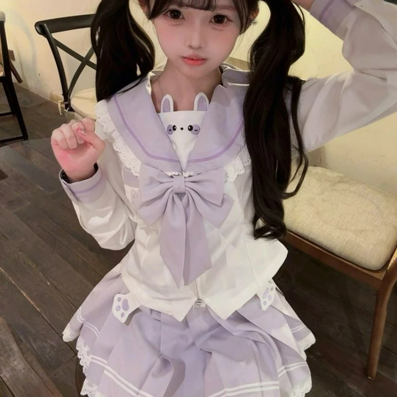 Japanese Sweet Lolita 2 Piece Sets Women Kawaii Cute Print Bow Sailor Collar Tops Lace Ruffles Mini Skirt Y2k JK Uniform Outfits view 2
