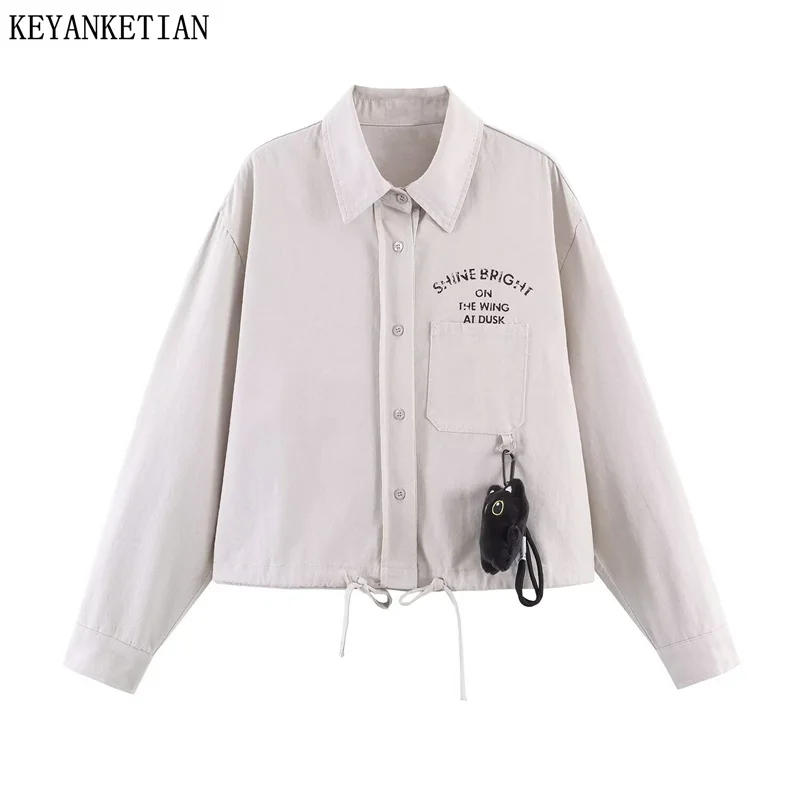 

KEYANKETIAN 2026 Spring New Vintage Streetwear Loose Cotton Shirt Women Letter Print Cartoon Cat Charm Pocket Casual Blouse Top