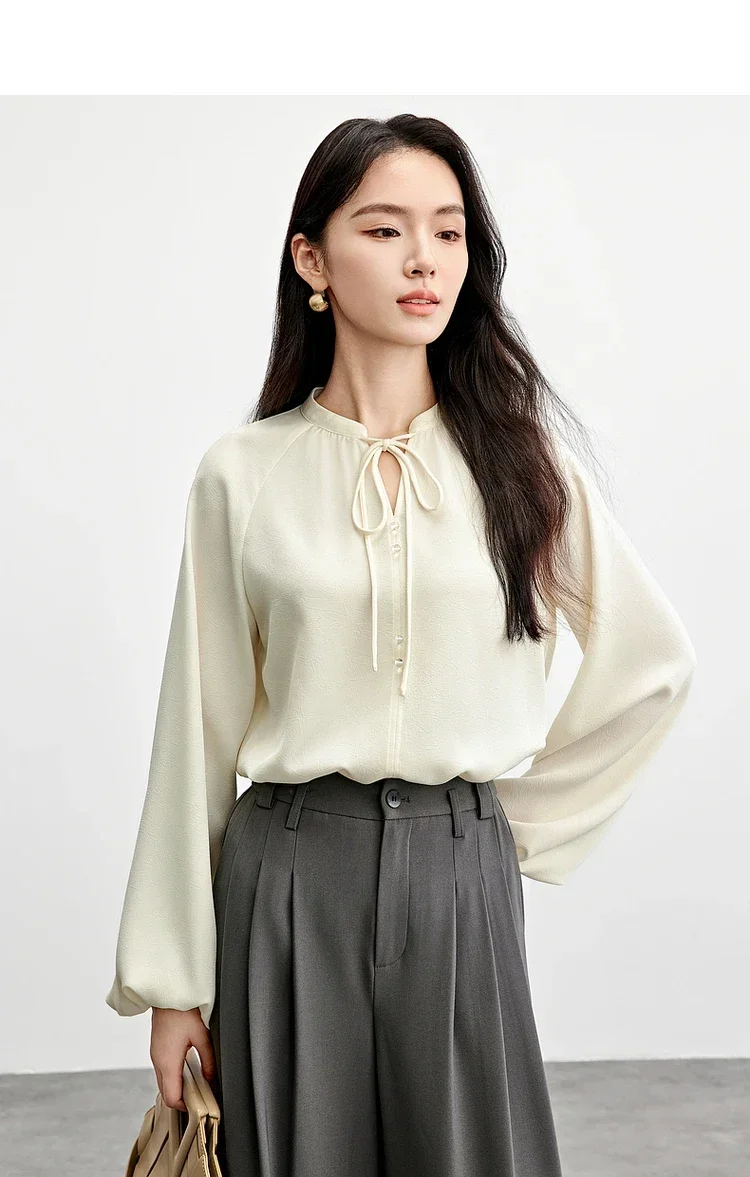 SENTUBILA Elegant Lace-up Blouses Women Spring 2025 French Style Loose Fit Chiffon Lantern Sleeve Stand Neck Pullovers 151V58147