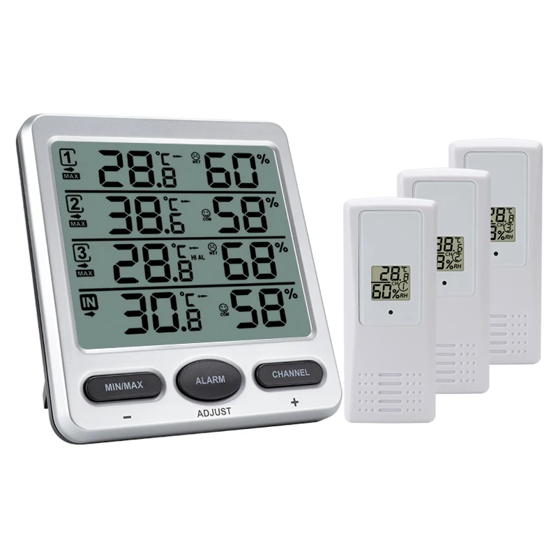 Wireless Weather Station Household Big LCD Indoor Outdoor Real Time Temperature Humidity Trend Monitor Limit Alarm 3pcs Sensors