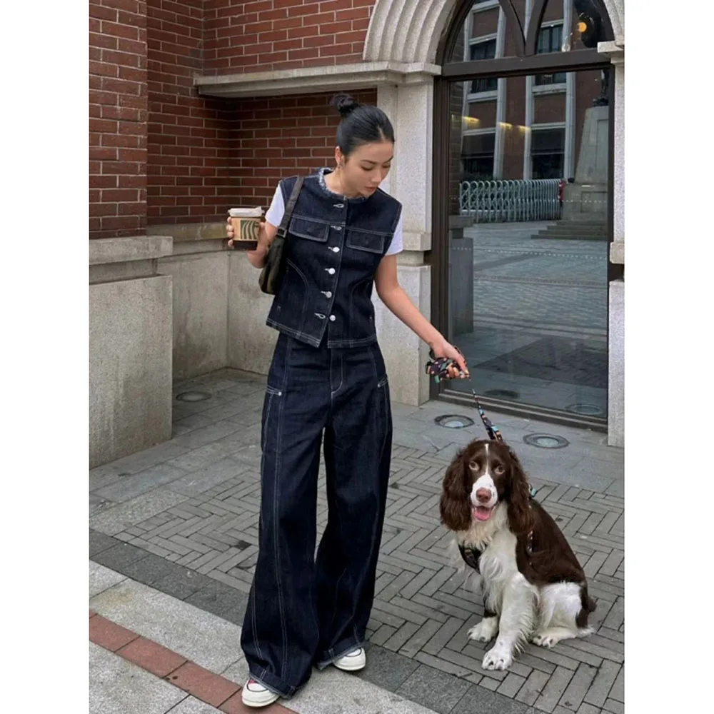

2025 Spring Denim Pants Sets Womens Outfits Shawl Collar Button Up Slim Jean Jackets + High Waist Wide Leg Jeans 2 Piece Suit
