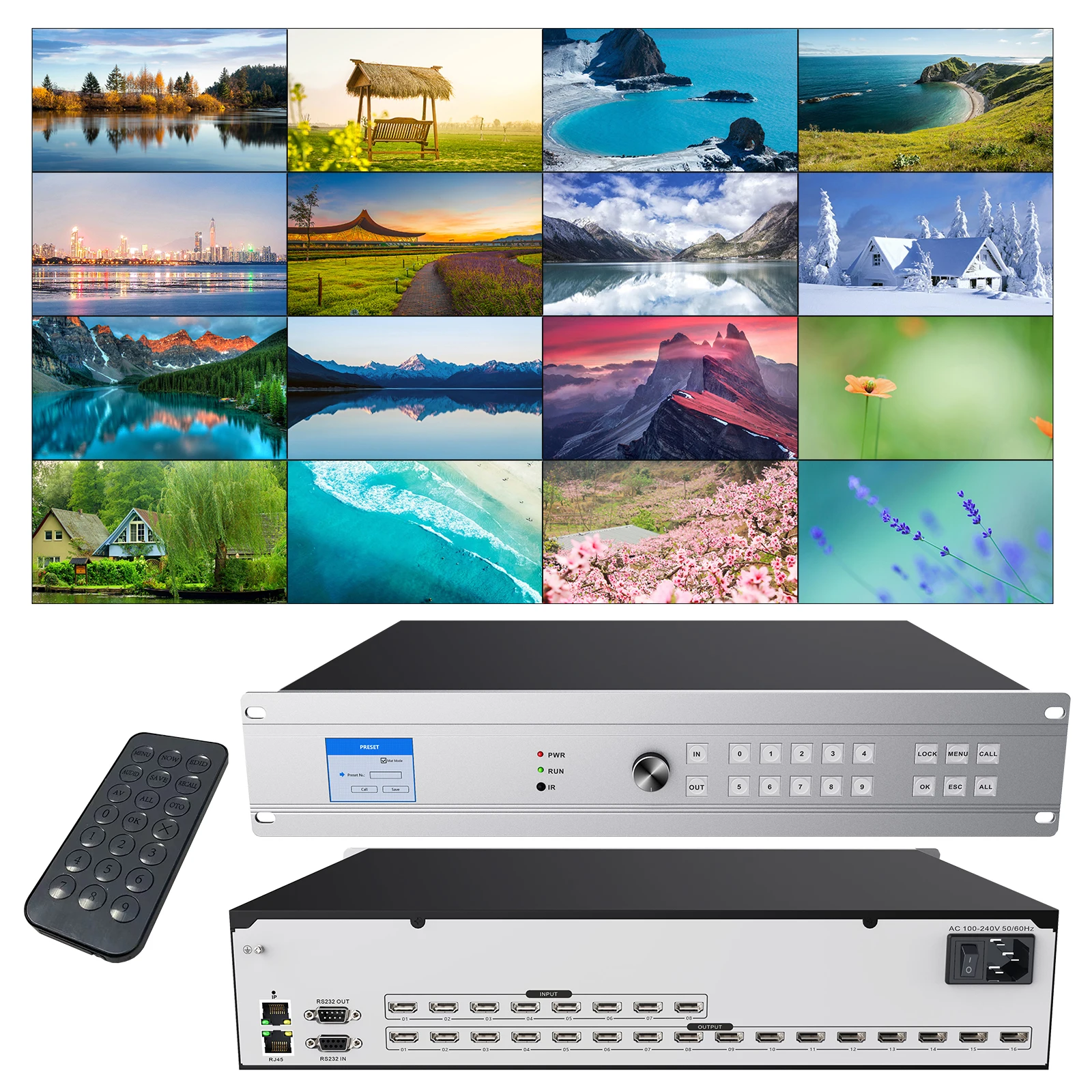 8X16 HDMI Matrix Switcher 4K @ 30Hz, HDMI Matrix Switch Splitter Mendukung EDID Management/HDCP Decoding/Web Control/RS232/IR/Dolby