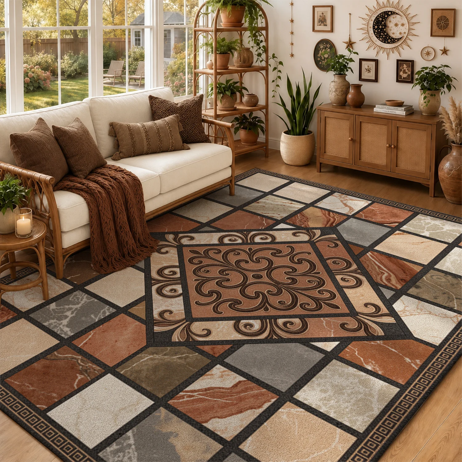 Ornate Mosaic Marble Tile Pattern Area Rug, Velvet, Machine Washable, Resists Shifting, Suitable for Living Room, Bedroom, Entryway, Dining Room, Ideal for Halloween, Thanksgiving, Black Friday, Christmas, New Year Home Decor