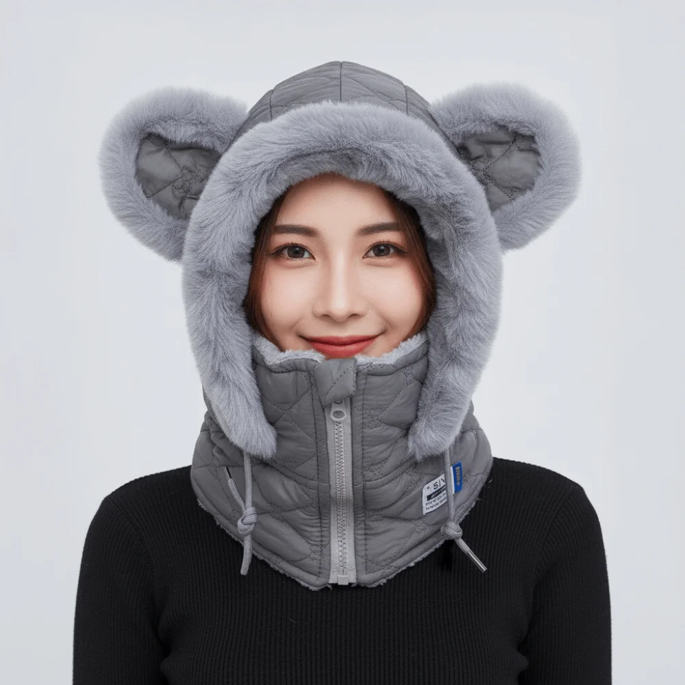 Dicke Kapuzenmütze mit Schal, vollständige Abdeckung, mit Fleece gefüttert, Unisex-Balaclava, thermischer Reißverschluss, Winter-Gesichtsmaske für Radfahren – Detail 6