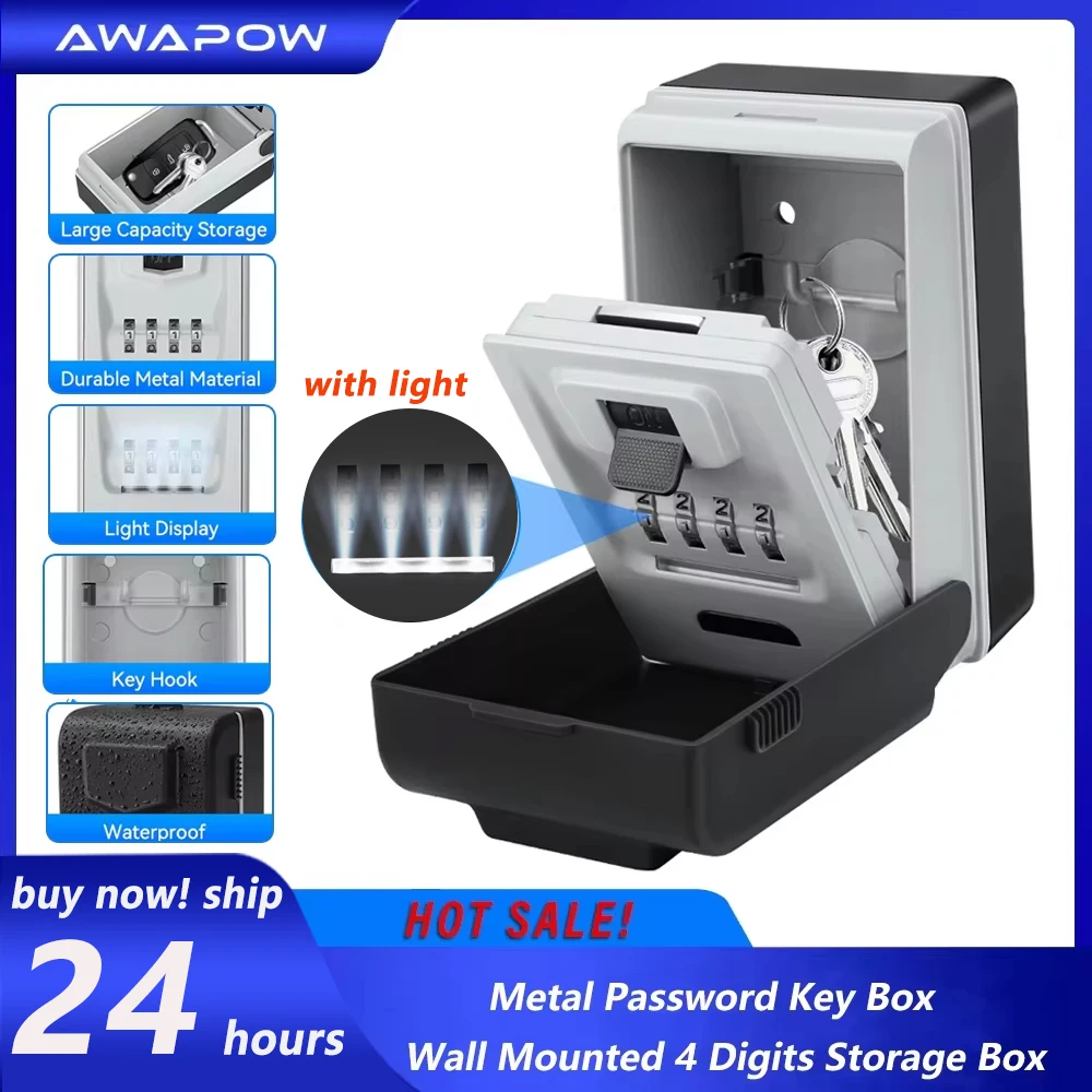 

Awapow Metal Password Key Box Wall Mounted Large Capacity 4 Digits Storage Keybox With Light Waterproof Anti Theft Safe Lock