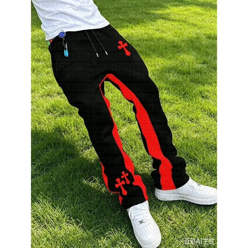 Men's Kid Athletic Pants - Black & White Color-Blocked Cross Pattern Print Comfortable Long Pants for Streetwear & Casual Wear