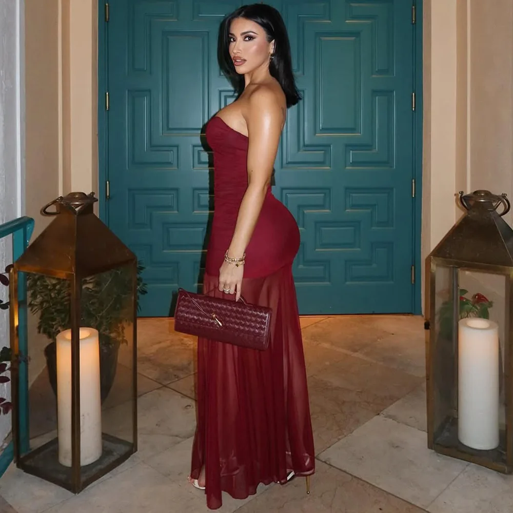 ชุดราตรีออกงาน ดีไซน์หรูหรา ผ้าตาข่ายซีทรู ผ่าข้าง สีพื้น ทรงเข้ารูป ไม่มีแขน เซ็กซี่ ทันสมัย