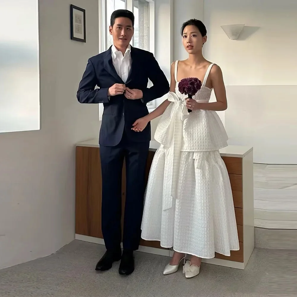 Sondr 새로운 한국어 웨딩 드레스 스퀘어 넥 와플 계층화 된 발목 길이 신부 파티 드레스 맞춤형 웨딩 스냅 드레스