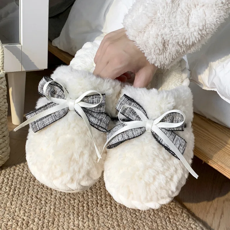 Autumn and winter new bow tie cotton slippers ladies outside the girl heart warm plush indoor home monthly shoes cotton slippers