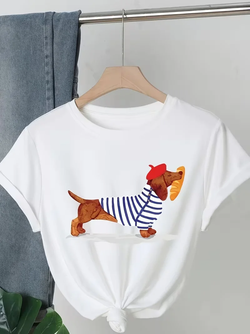 Cartoon Style Short-Sleeve T-Shirt with A Striped Dog Print, Round Neck Summer Women's Clothing Casual T-shirt Daily Streetwear
