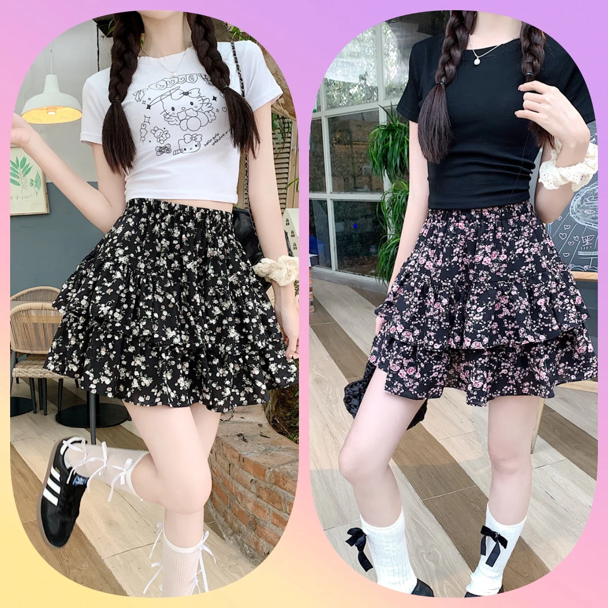 

Summer Mini Skirt Women's Clothing Plus Size Korean-style Maiden Y2K Small Flowers Quality Lining Elastic Waist Women's Skirts