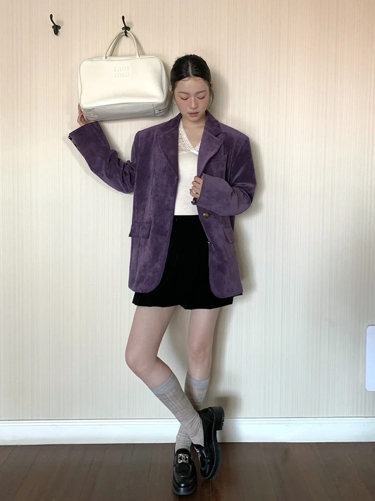 Street high quality 2024 Fashion Autumn Winter Korean Retro Purple Corduroy Patchwork Blazers for Women Coats Loose Jacket Lady