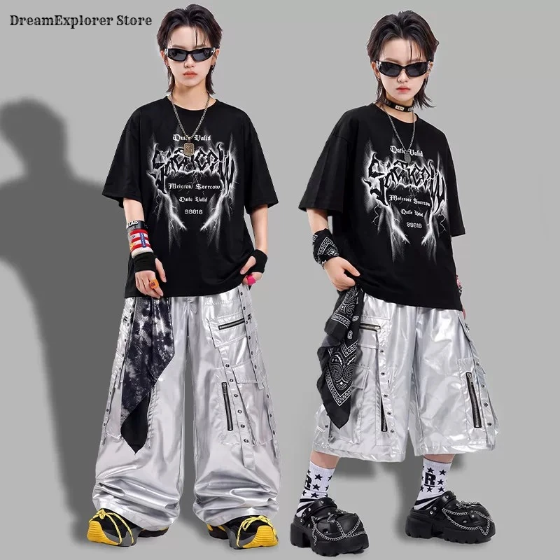 Boys Hip Hop T-shirt Riveted Cargo Pants Silver Shorts Girls K-pop Street Dance Costume Kid Jazz Clothes Set Children Streetwear