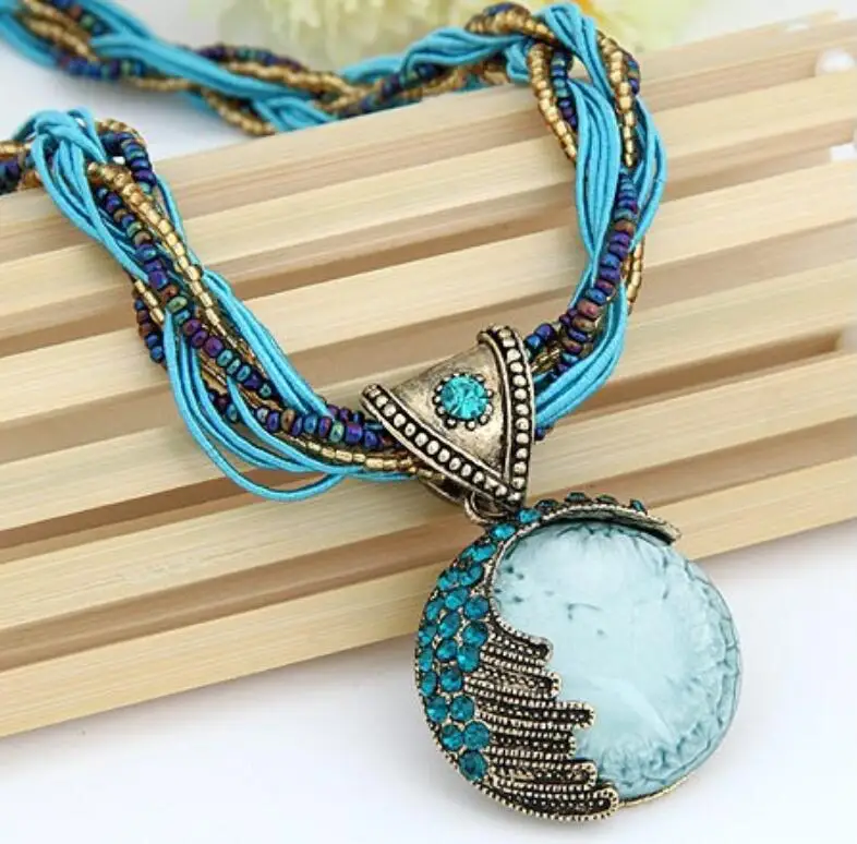 Bohemia Necklace Crack Peacock Pendant Multilayer Colorful Natural Stone Beads Chain Vintage Necklace Jewelry Fashion For Women