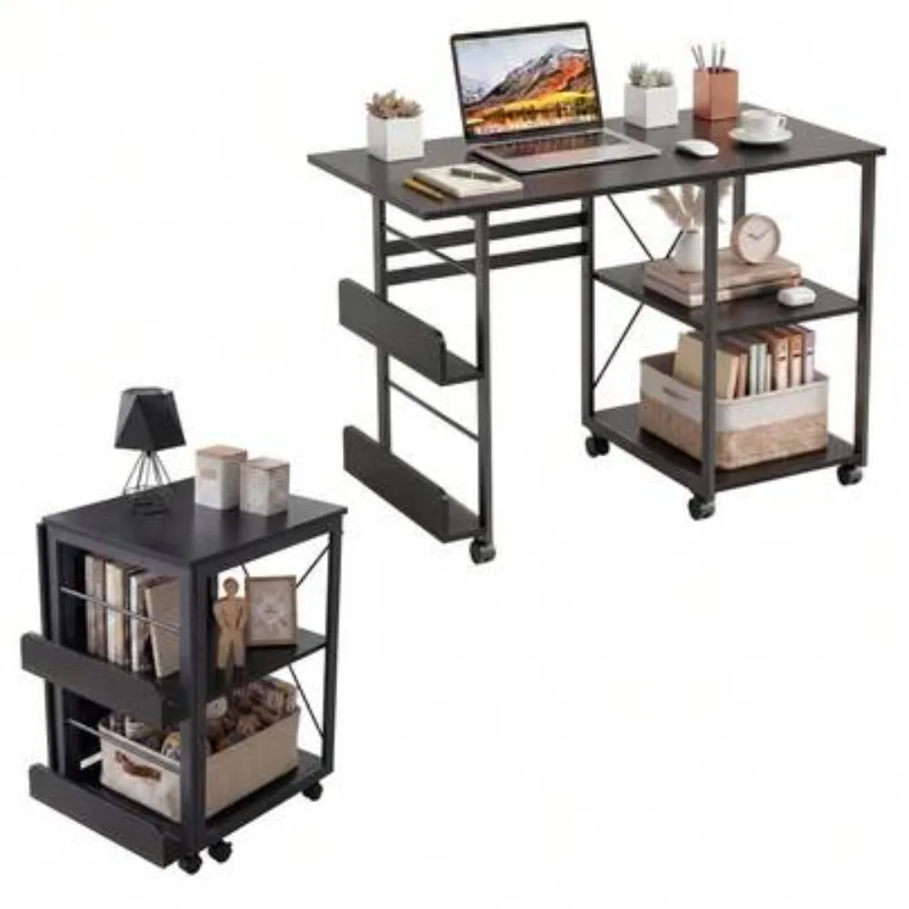 Folding Computer Desk with Storage Shelf, Mobile Rolling Writing Table for Small Spaces, Locking Casters, Space-Saving Compact Home Office Study Desk, 41 Inch, Sturdy Metal Frame, Easy Assembly, Multi-Purpose Laptop Stand for Bedroom Living Room Dorm