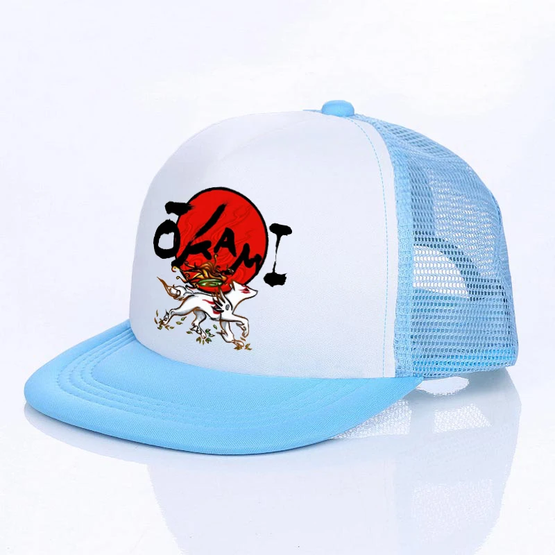 Japanese Game Flat Bill Hats Vintage Kitsune Fox Okami Mesh Baseball Hat Red Sun Amaterasu Okamiden Wide Brim Snapback Cap YF166