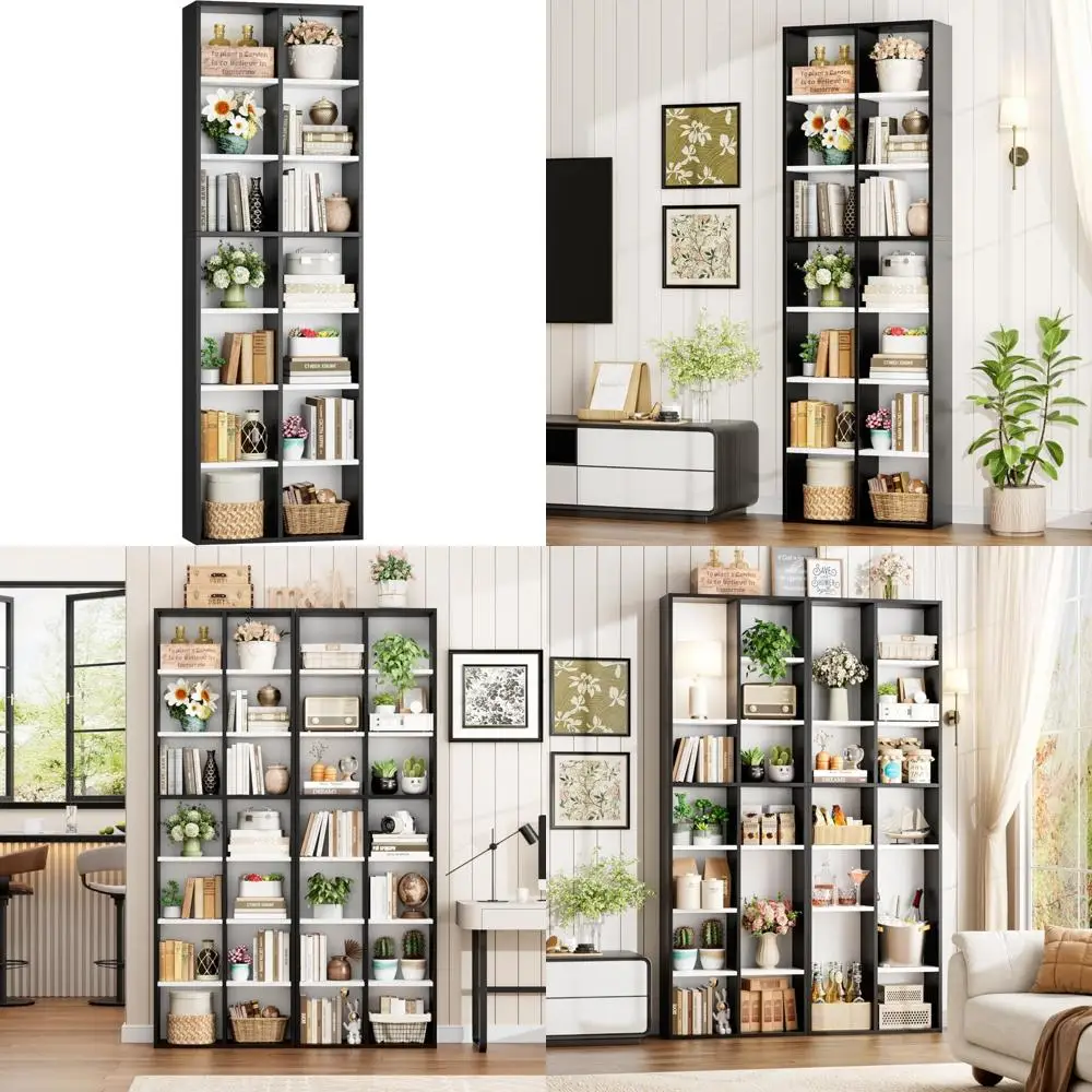 

Двойная широкая высокая книжная полка с регулируемыми полками, стойкой для медиа-башен для компакт-дисков, DVD и витрины