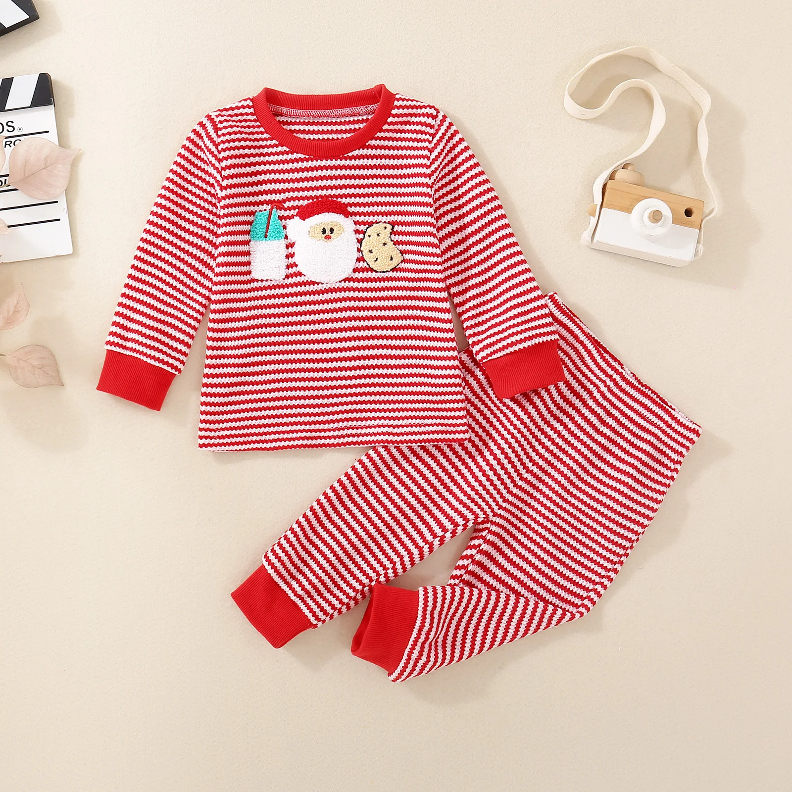 

Осенне-зимний нейтральный комплект для малышей: футболка с длинным рукавом и вышивкой в виде рождественского эльфа и брюки, красный вафельный трикотаж