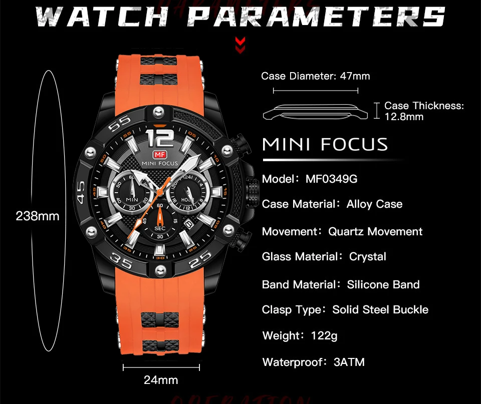 MINI FOCUS Sports Watches for Men Chronograph Waterproof Quartz Watch Luminous Hands Orange Silicone Strap Men Wristwatches 0349