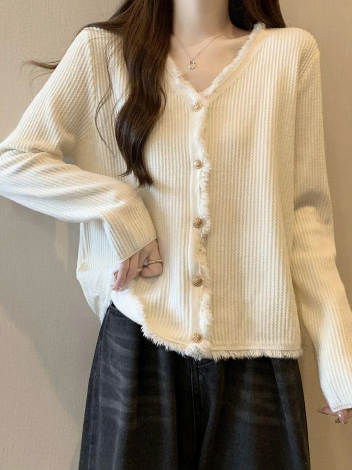 

Slimming V-Ne Knitted Open Cardigan Women's Spring Large Size ort Base irt Korean Sle Commute Warmth Faion