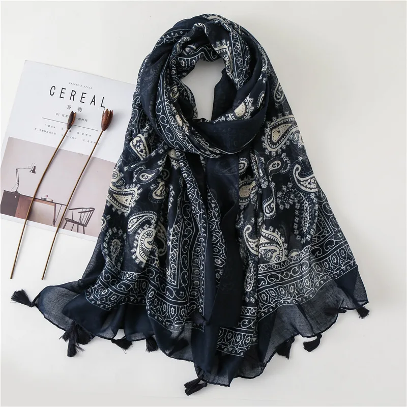 

Paisley Women Scarf Summer Beach Shawl Bohemia Cotton Linen Feeling Tassel Pashmina Muslim Hijab Wrap Lady Viscose Scarf