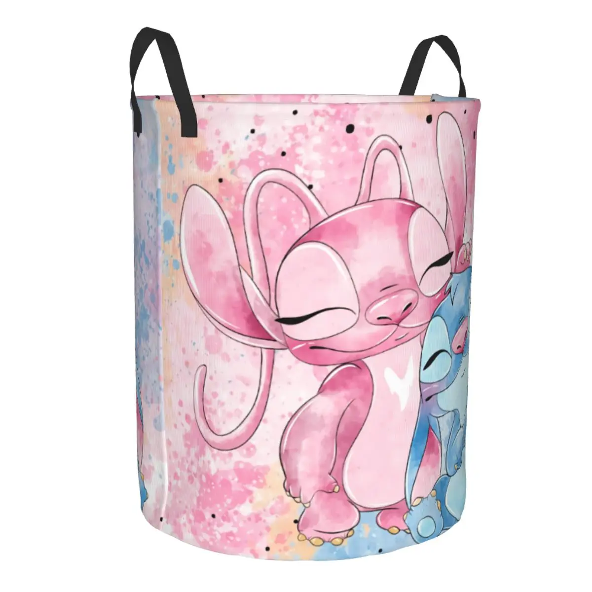 Custom Stitch And Angel In Love Anime Laundry Basket Collapsible Large Capacity Clothes Storage Bin Adventure Film Baby Hamper